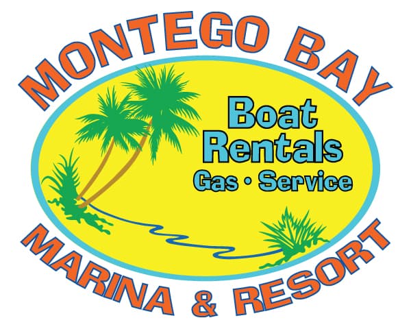 Logo for Montego Bay Marina & Resort featuring palm trees and text promoting boat rentals and services.