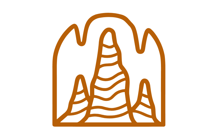 An outline of three cone-shaped mountains with wavy lines representing texture.
