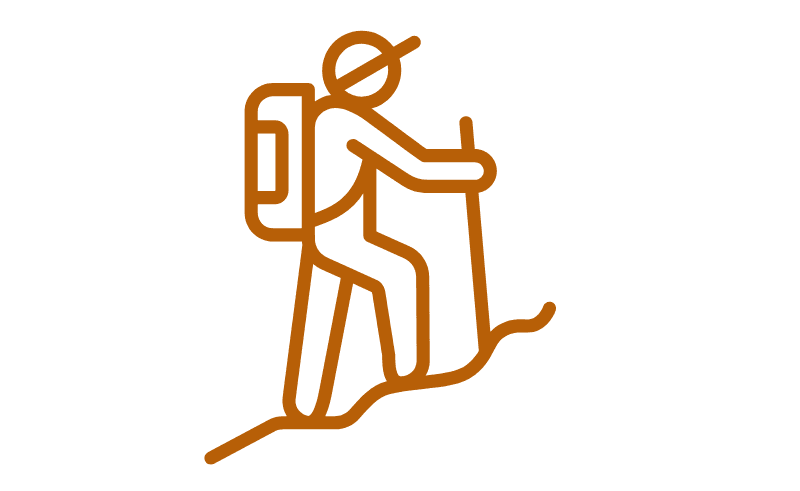 A simple outline of a hiker with a backpack, using a walking stick on a trail.