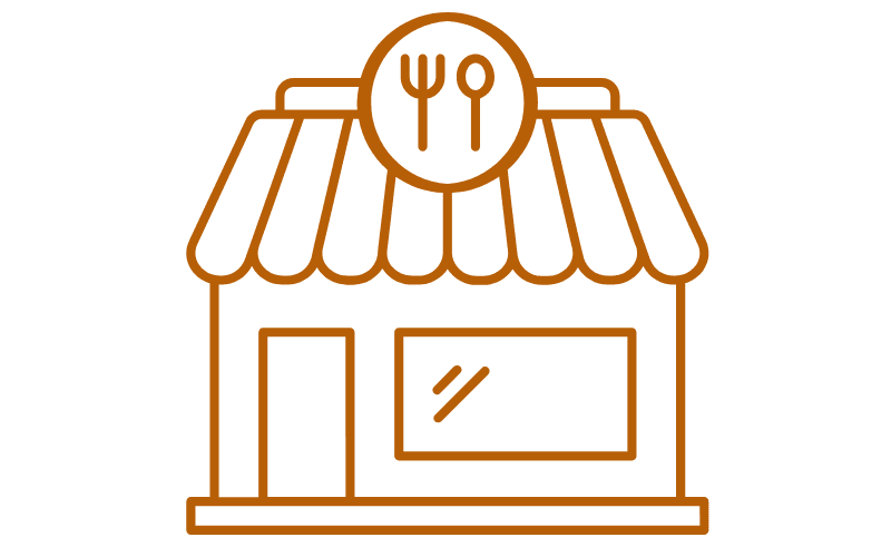 A simple line drawing of a restaurant with a fork and spoon symbol on the roof.