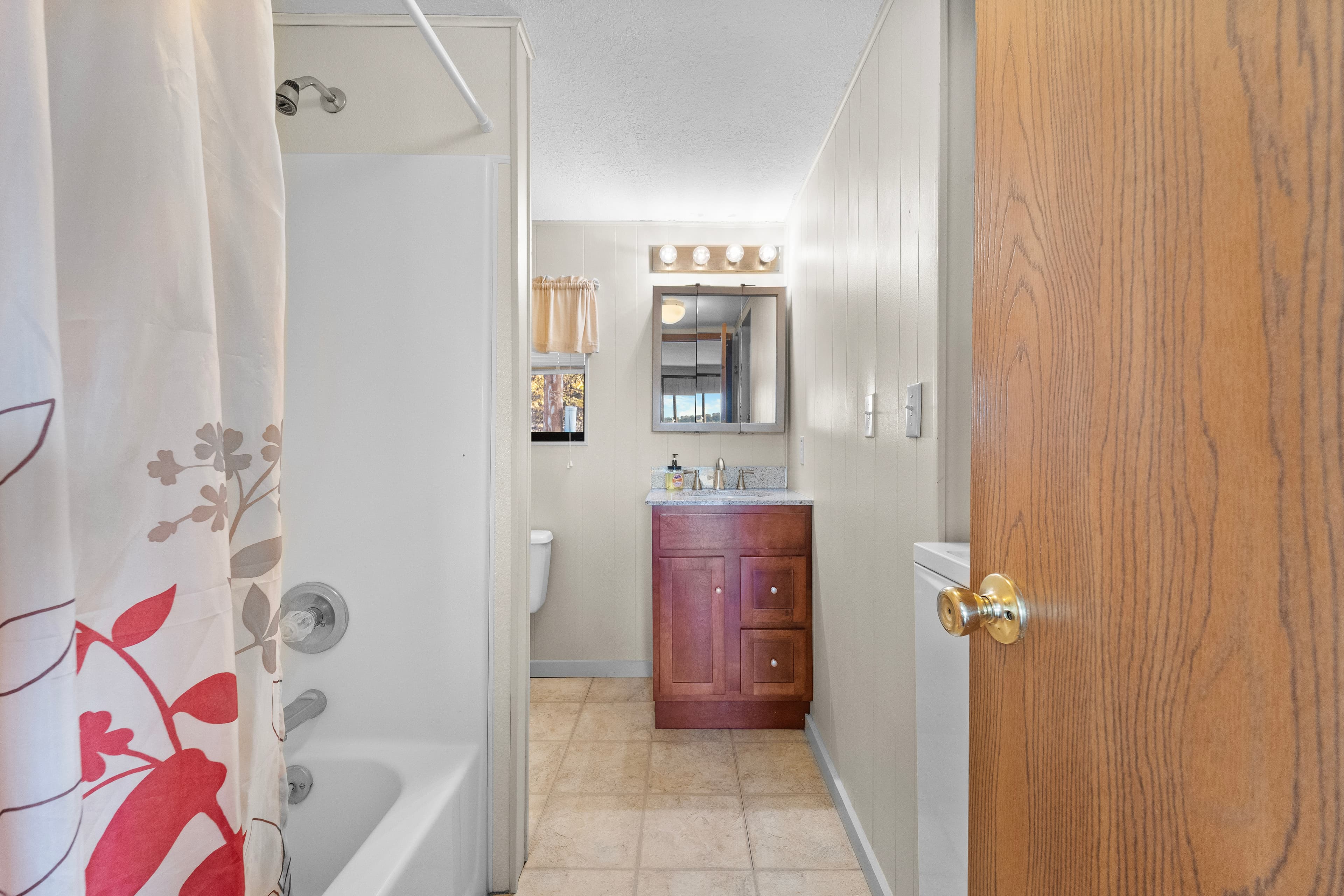 View of a bathroom featuring a shower, vanity with mirror, and wooden door.