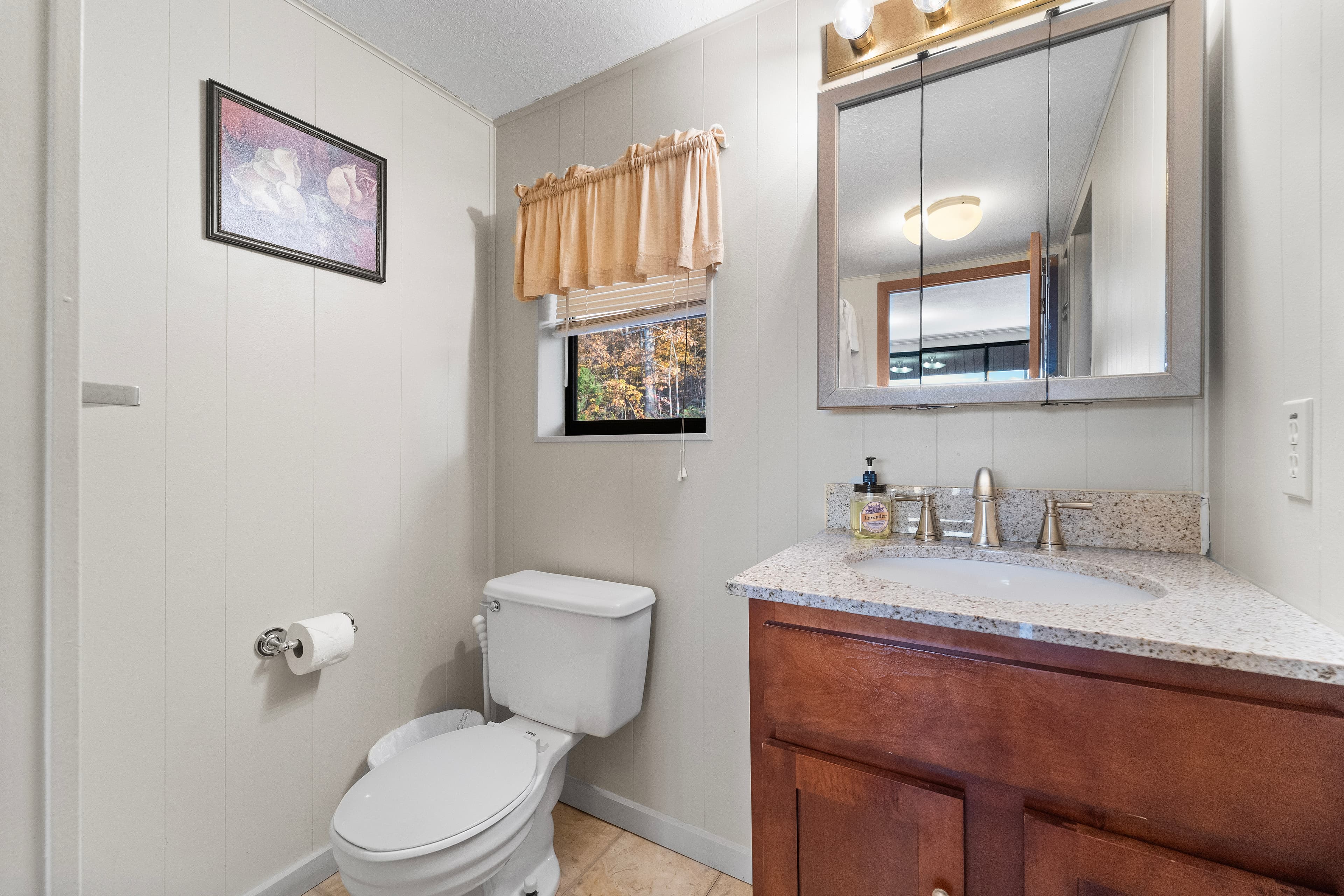 A small bathroom featuring a toilet, sink with counter space, and a window.