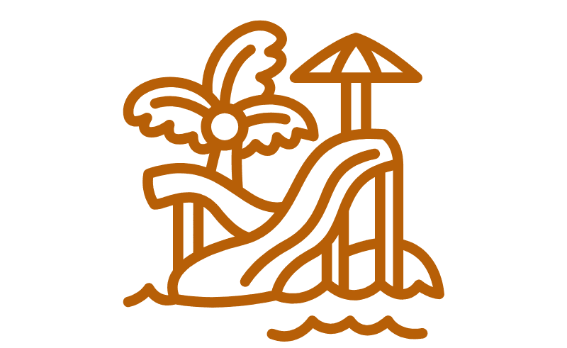 A simple line drawing of a water slide, palm tree, and umbrella on an island.